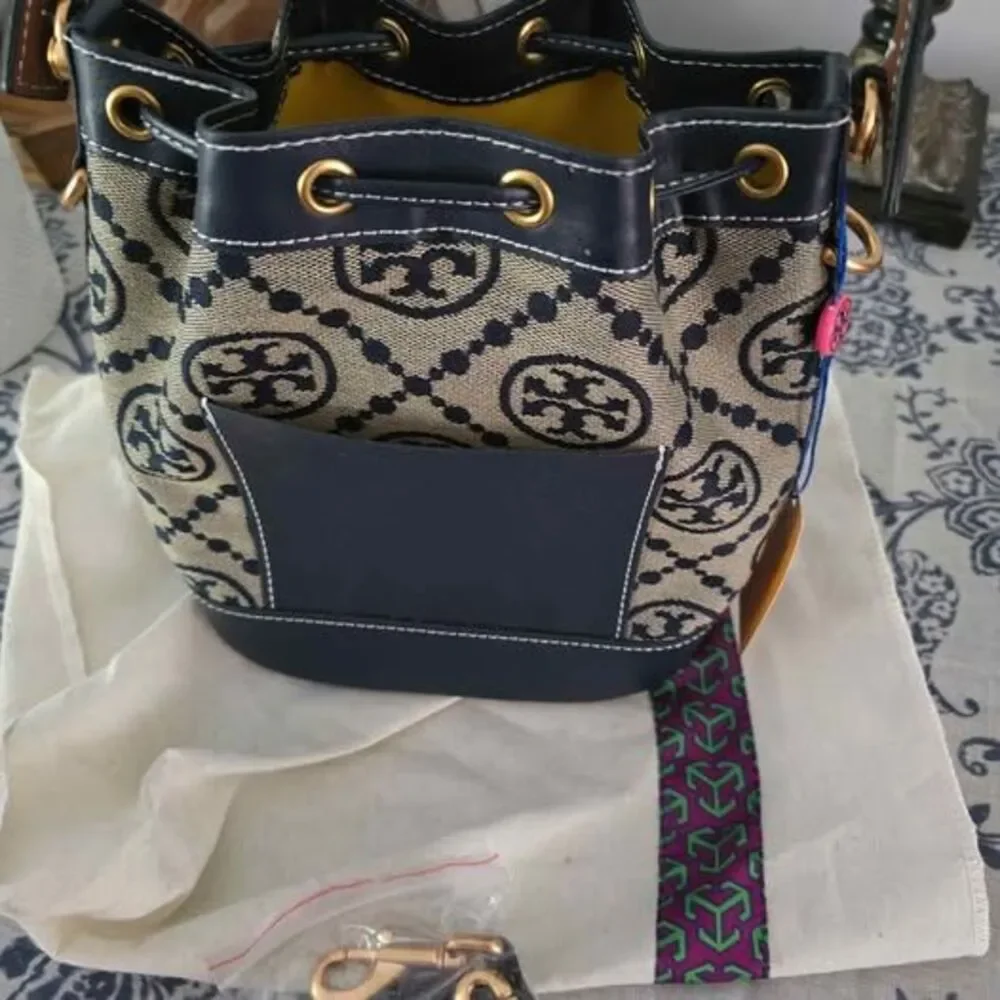 Tory Burch T Monogram Jacquard Navy Bucket Bag New